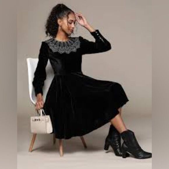 LABEL RITU KUMAR Caroline Flared Dress with Embroidered Yoke in Black M NWT - Picture 1 of 16